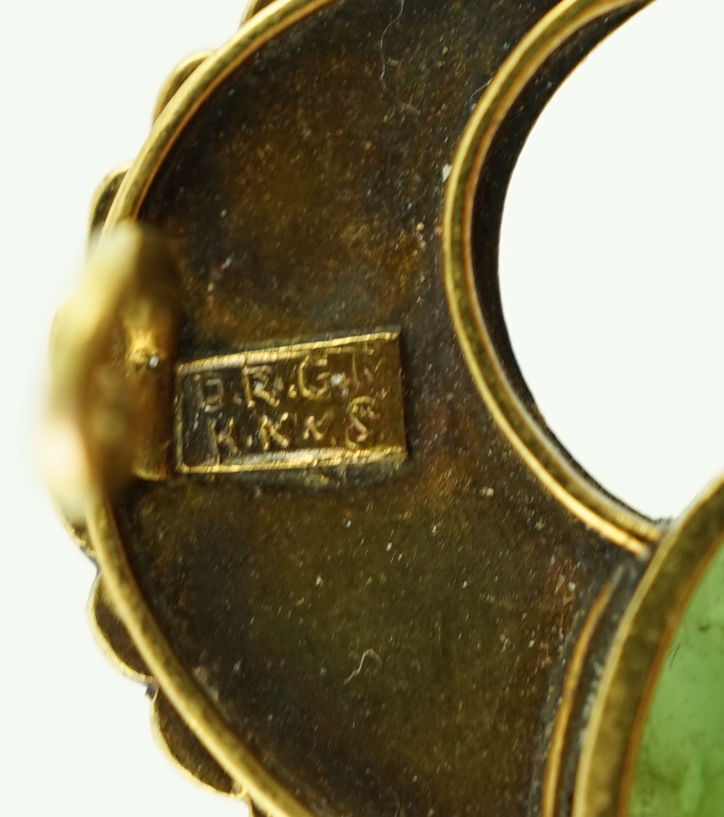 An early 20th century Carl Bacher Viennese Egyptian Revival gold (tests as 14k), diamond and three colour enamel set winged green hardstone scarab brooch, 31mm